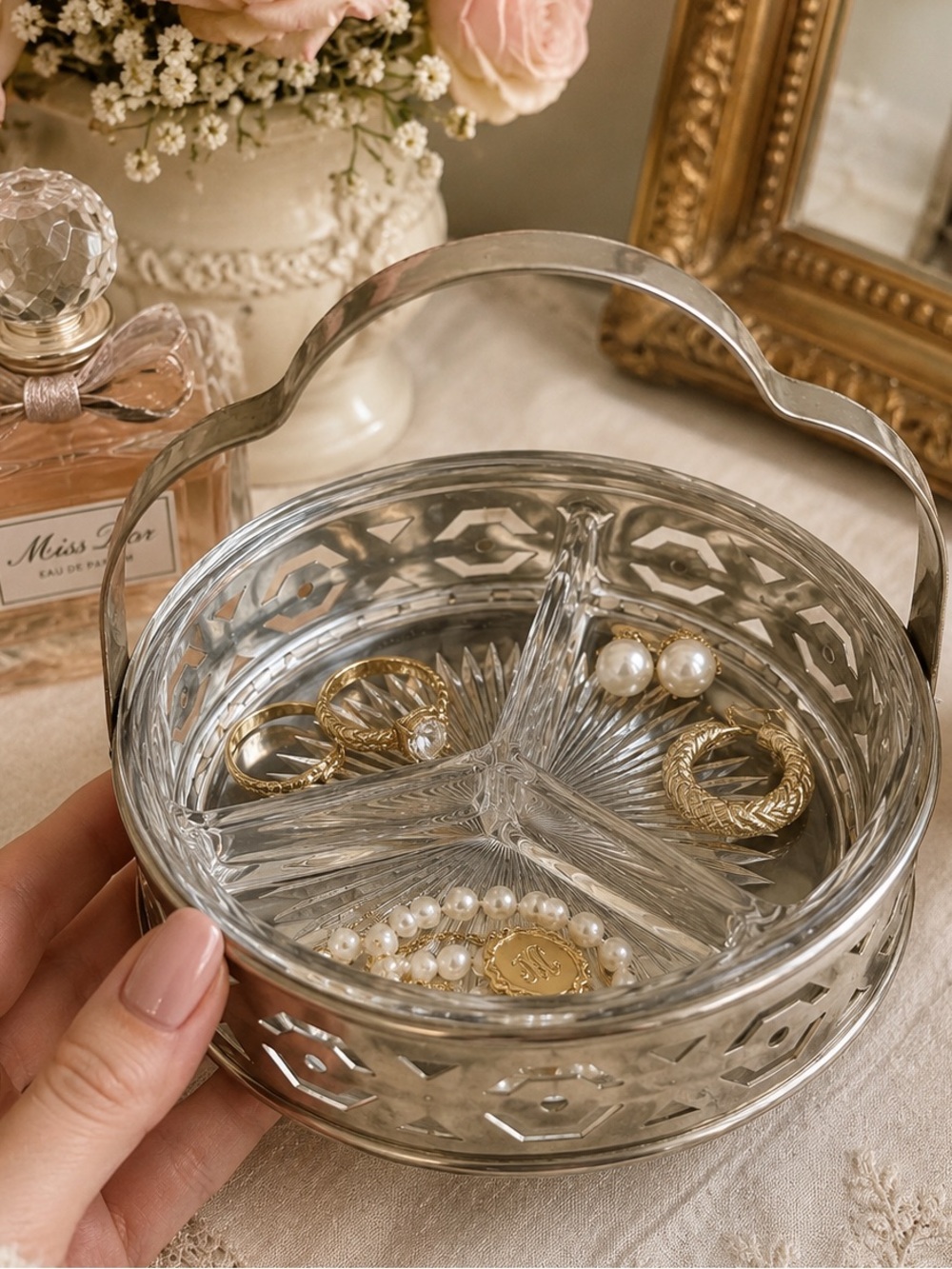 VINTAGE ART DECO Silver Cut Glass Divided Dish | Vanity Jewelry Grandmillennial